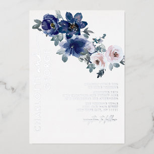 Invitation En Aluminium Mariage rustique botanique argenté floral bleu d'h