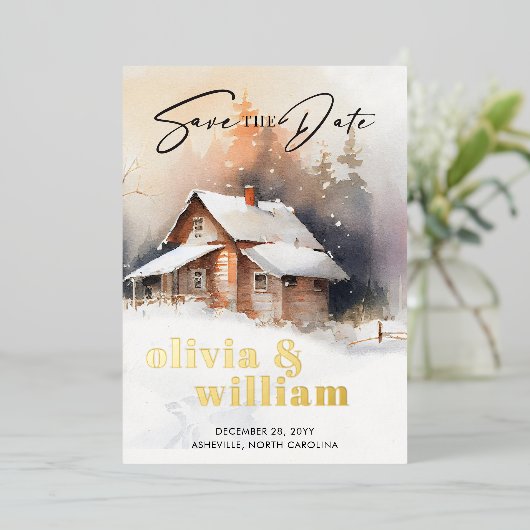 Invitation En Aluminium Mariage Rustique Cabine D'Hiver Enregistrer La Dat (Debout devant)
