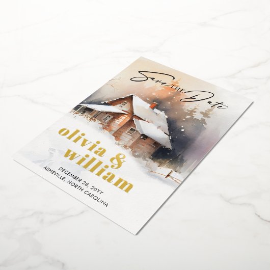 Invitation En Aluminium Mariage Rustique Cabine D'Hiver Enregistrer La Dat (Rotation)