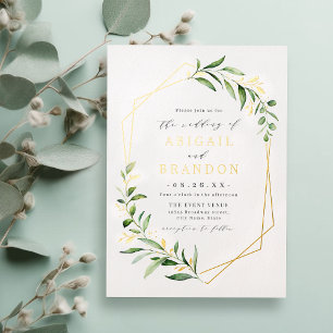 Invitation En Aluminium Mariage rustique géométrique à verdure moderne or