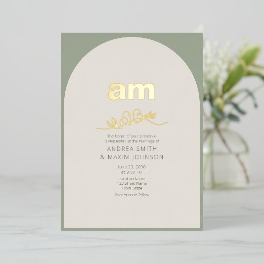 Invitation En Aluminium Mariage Sage Green et Gold (Debout devant)