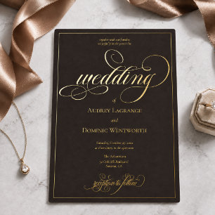 Invitation En Aluminium Mariage Script Calligraphié Brun Doré Espresso