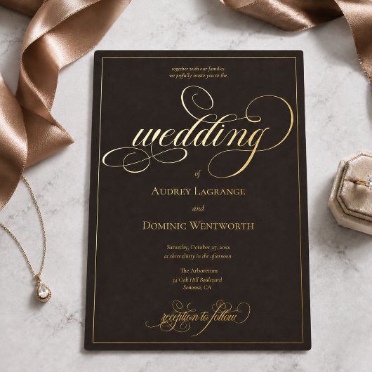 Invitation En Aluminium Mariage Script Calligraphié Brun Doré Espresso
