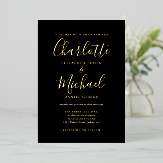 Invitation En Aluminium Mariage Script Signature Noir Et Or (Debout devant)