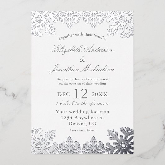 Invitation En Aluminium Mariage Silver Winter Snowflake (Recto)