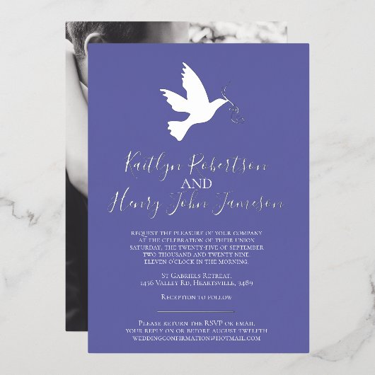 Invitation En Aluminium Mariage simple avec photo en bleu argenté (Recto/Verso)