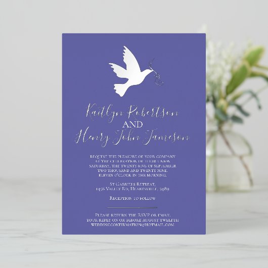 Invitation En Aluminium Mariage simple avec photo en bleu argenté (Debout devant)