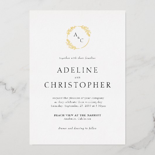 Invitation En Aluminium Mariage simple Feuille Monogram Foil (Recto)
