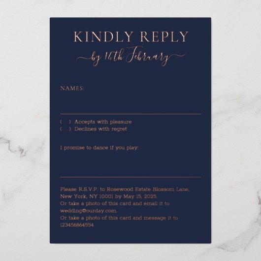 Invitation En Aluminium Mariage Simple Midnight Blue Navy Répondre (Recto)