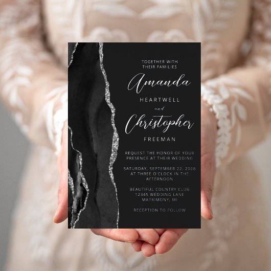 Invitation En Aluminium Mariage Sombre Agate Noir Argent Script