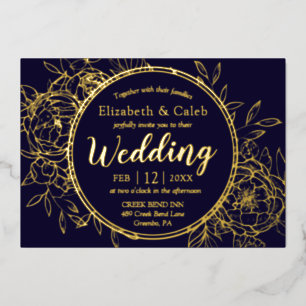 Invitation En Aluminium Mariage Toile Moderne de Pivoine Bleu Marine et Or