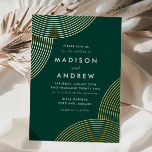 Invitation En Aluminium Mariage Tourbillons Géométriques Vert et Or