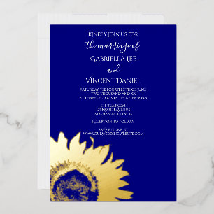 Invitation En Aluminium Mariage Tournesol Doré sur Fond Bleu Marine