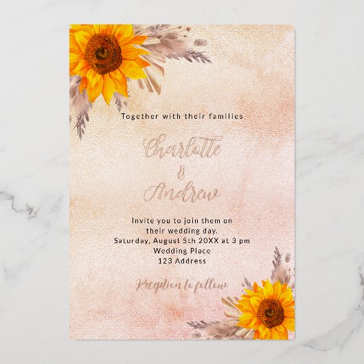 Invitation En Aluminium Mariage tournesol pampas herbe blush fleurs automn (Devant)