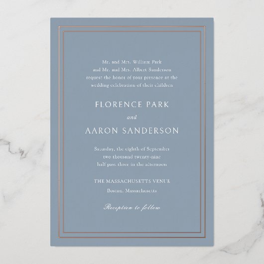Invitation En Aluminium Mariage traditionnel Dusty Blue intemporel (Recto)