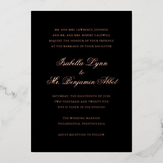 Invitation En Aluminium Mariage traditionnel noir élégant (Recto)