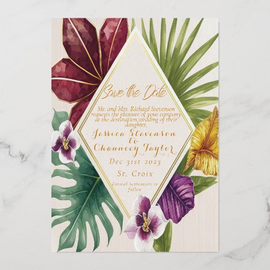 Invitation En Aluminium Mariage Tropical de Destination Enregistrer la Dat (Recto)