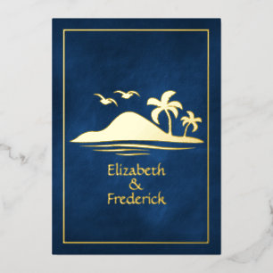 Invitation En Aluminium Mariage tropical de plage Navy et Or