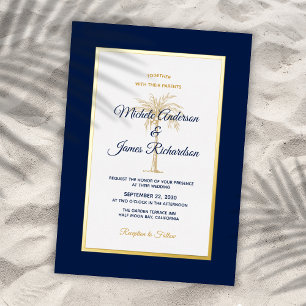 Invitation En Aluminium Mariage Tropical Élégant Or Bleu Marine Palmier