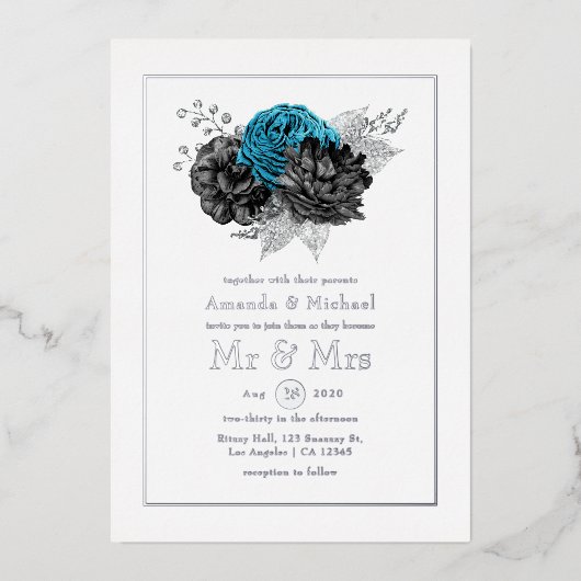 Invitation En Aluminium Mariage Turquoise, Noir et Argent (Recto)