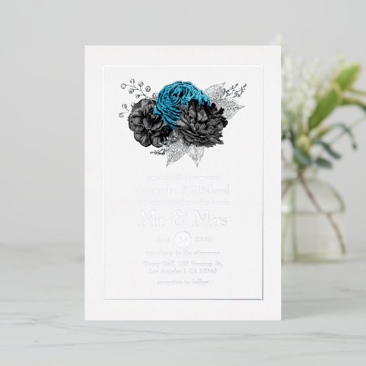Invitation En Aluminium Mariage Turquoise, Noir et Argent (Debout devant)