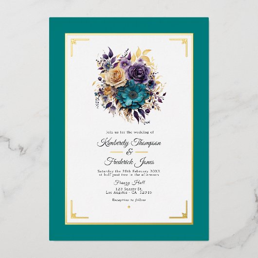 Invitation En Aluminium Mariage turquoise, violet et or (Recto)