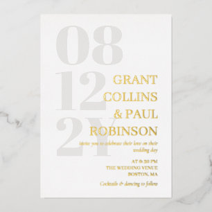 Invitation En Aluminium Mariage Typographie Blanc Gris & Or