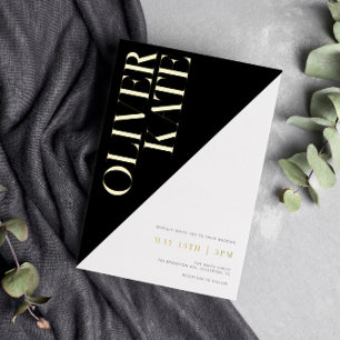 Invitation En Aluminium Mariage Typographie Moderne Noir & Or
