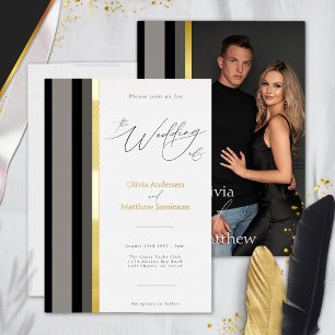 Invitation En Aluminium Mariage Typographie Rayures Noir Gris Or Classique