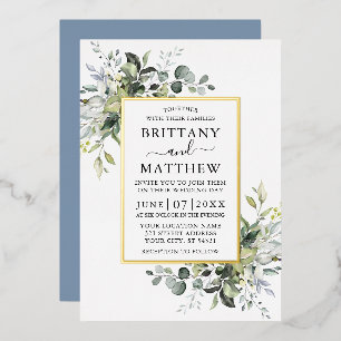Invitation En Aluminium Mariage verdure aquarelle bleu poussiéreux or