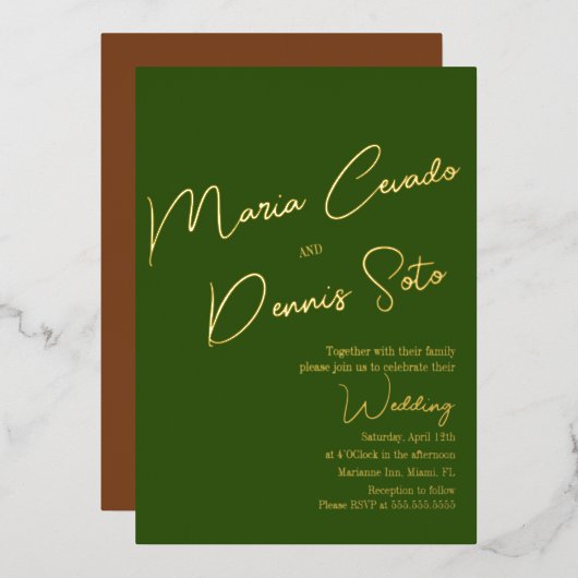 Invitation En Aluminium Mariage Vert Botanique Brun Script (Recto/Verso)