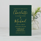 Invitation En Aluminium Mariage Vert Émeraude Et Or Script Or (Debout devant)