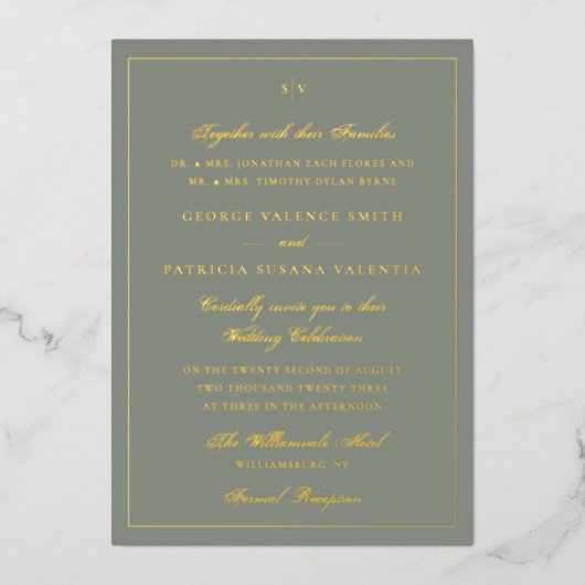 Invitation En Aluminium Mariage vert monogramme élégant encadré (Recto)