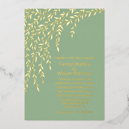 Invitation En Aluminium Mariage Vert Sage clair Gold Wilds (Recto)