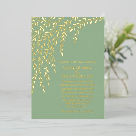 Invitation En Aluminium Mariage Vert Sage clair Gold Wilds (Debout devant)