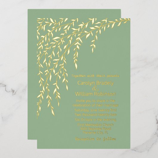 Invitation En Aluminium Mariage Vert Sage clair Gold Wilds (Recto/Verso)