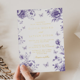 Invitation En Aluminium Mariage Vintage Floral Enchanté Violet et Or