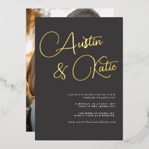 Invitation En Aluminium Mariage Virtuel Typographie Script Or et Noir
