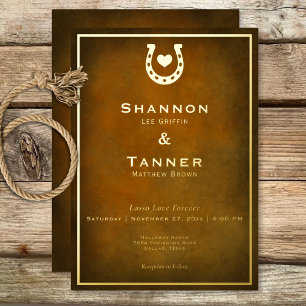 Invitation En Aluminium Mariage Western Rustique Fer à Cheval Brun Or