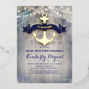 Invitation En Aluminium Marine Ancre Bleu et or Rustic Beach Graduation