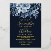 Invitation En Aluminium Marine bleu aquarelle floral script photo mariage (Recto)