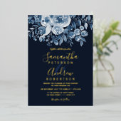 Invitation En Aluminium Marine bleu aquarelle floral script photo mariage (Debout devant)