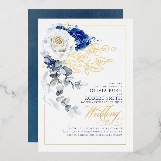 Invitation En Aluminium Marine Bleu & Blanc Floral Boho Élégant Mariage (Recto/Verso)