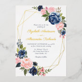 Invitation En Aluminium Marine bleu Blush Floral Mariage Or géométrique (Recto)