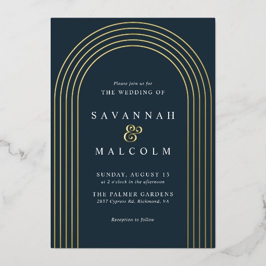 Invitation En Aluminium Marine bleu et or | Simple Mariage d'arc moderne (Recto)