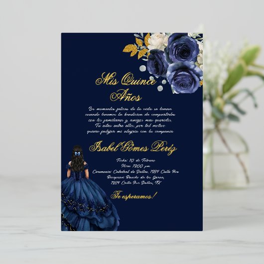 Invitation En Aluminium Marine bleu feuille d'or quinceañera (Debout devant)