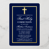 Invitation En Aluminium Marine Bleu Première Sainte Communion Photo Croix  (Recto)