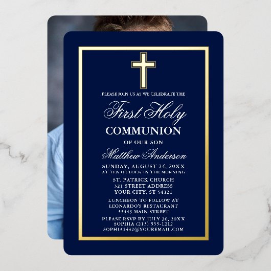Invitation En Aluminium Marine Bleu Première Sainte Communion Photo Croix  (Recto/Verso)