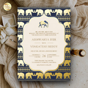 Invitation En Aluminium Marine Blue Elephant Indien Photo Mariage Gold