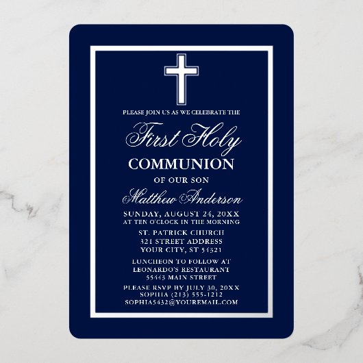 Invitation En Aluminium Marine Blue First Holy Communion Cross Argent (Recto)